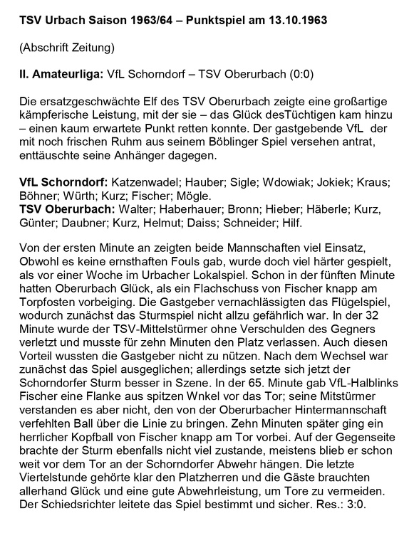 TSV Urbach Saison 1963 1964 VfL Schorndorf TSV Oberurbach 13.10.1963