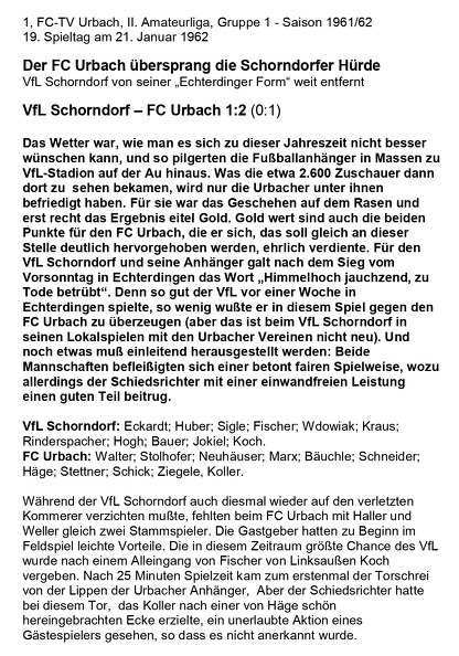 FCTV Urbach f II. Amateurliga Saison 1961 62 VfL Schorndorf FCTV Urbach 21.01.1962 Seite 1
