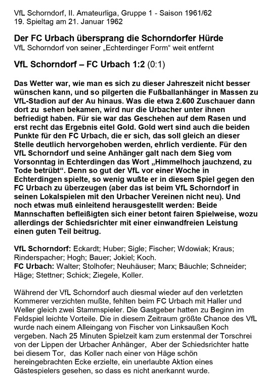VfL Schorndorf II. Amateurliga Saison 1961 62 VfL Schorndorf FCTV Urbach 21.01.1962 Seite 1