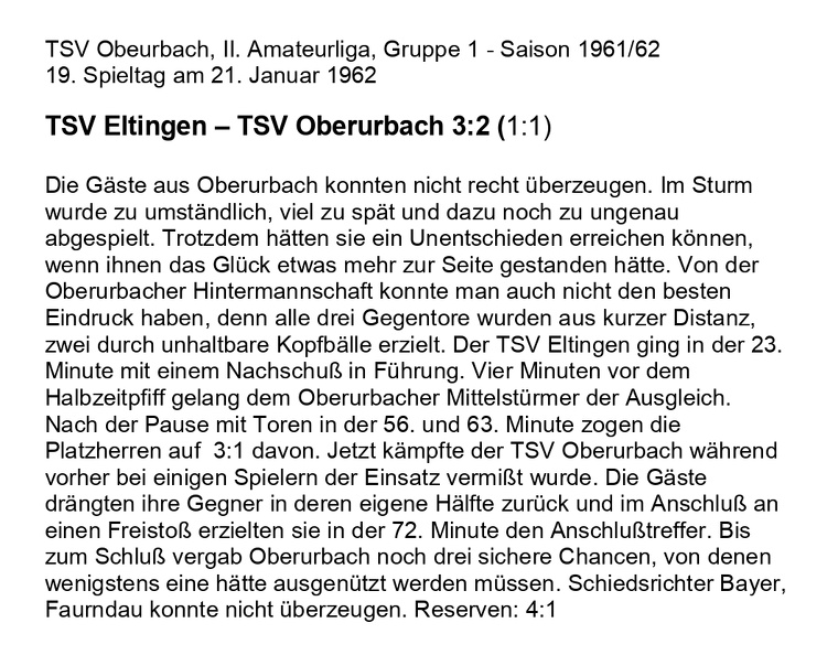 TSV Oberurbach II. Amateurliga Saison 1961 62 TSV Eltingen TSV Oberurbach 21.01.1962