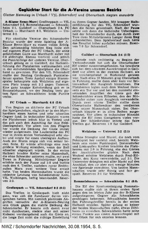 VfL Schorndorf A-Klasse Saison 1954 55 Grossaspach VfL Schorndorf 29.08.1954 Zeitungsbericht