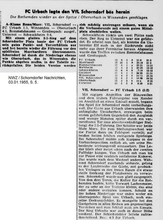 TSV Oberurbach A-Klasse Saison 1954 55 Spietlagag 02.01.1955 Zeitungsbericht