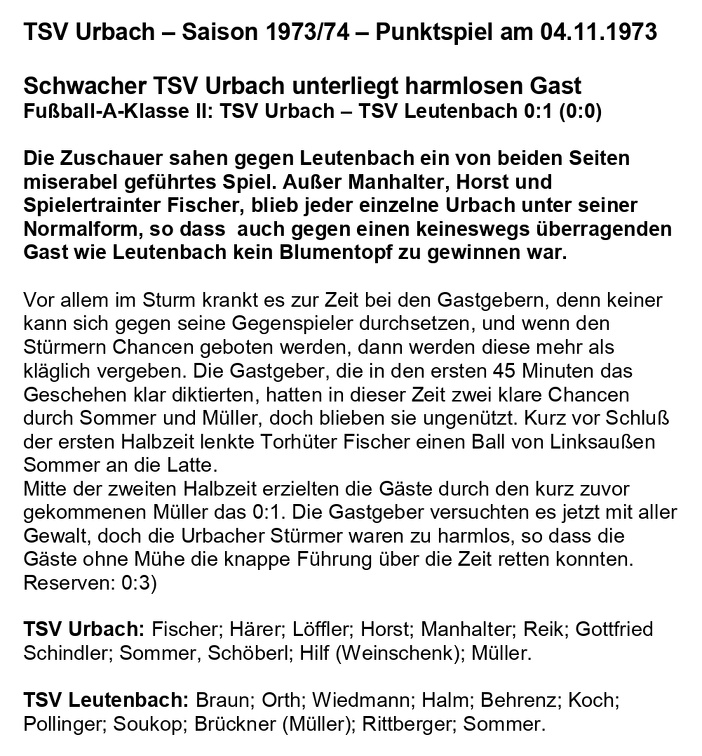 TSV Urbach Saison 1973 1974 TSV Urbach TSV Leutenbach 04.11.1973
