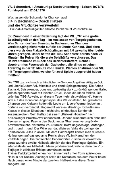VfL Schorndorf I. Amateurliga Saison 1975 76 TSG Backnang VfL Schorndorf 17.04.1976 Bericht Abschrift Seite 1