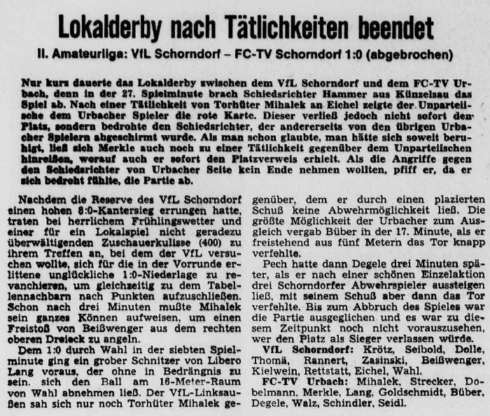 FCTV Urbach VfL Schorndorf Saison 1971 72 VfL Schorndorf FCTV Urbach 05.02.1972