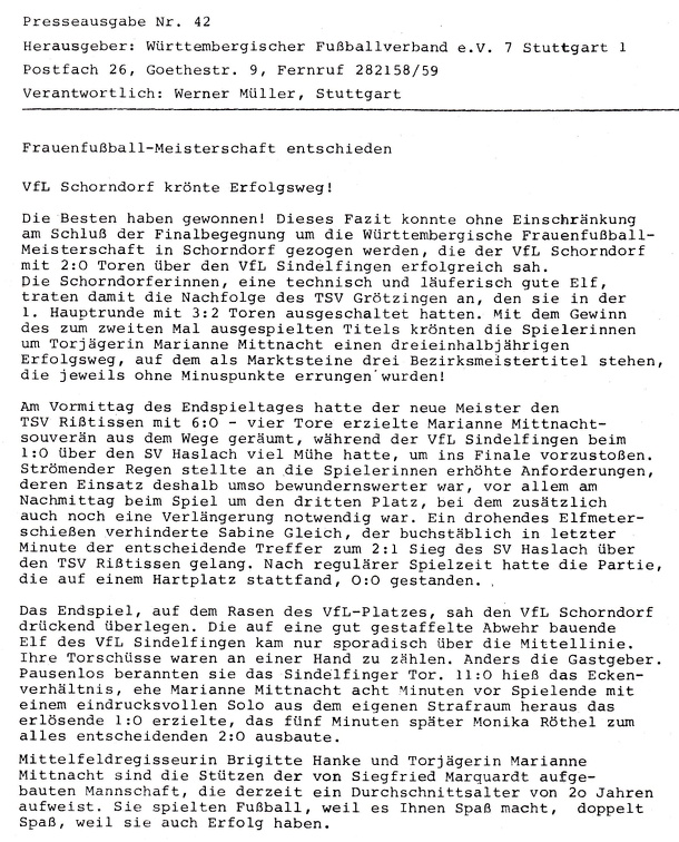 VfL Schorndorf Damen Wuertt. Fussballmeister 19.10.1974 Pressemitteilung WFV  Seite 1