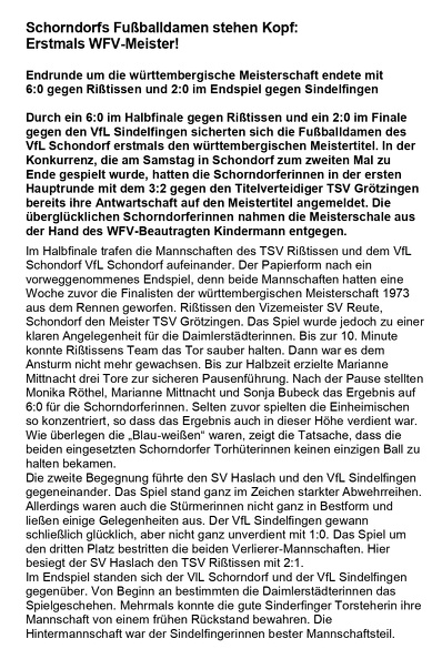 Schorndorfs Fussballdamen stehen Kopf - Erstmals WFV-Meister Zeitungsbericht Schorndorfer Nachrichten 21.10.1974 Seite 1