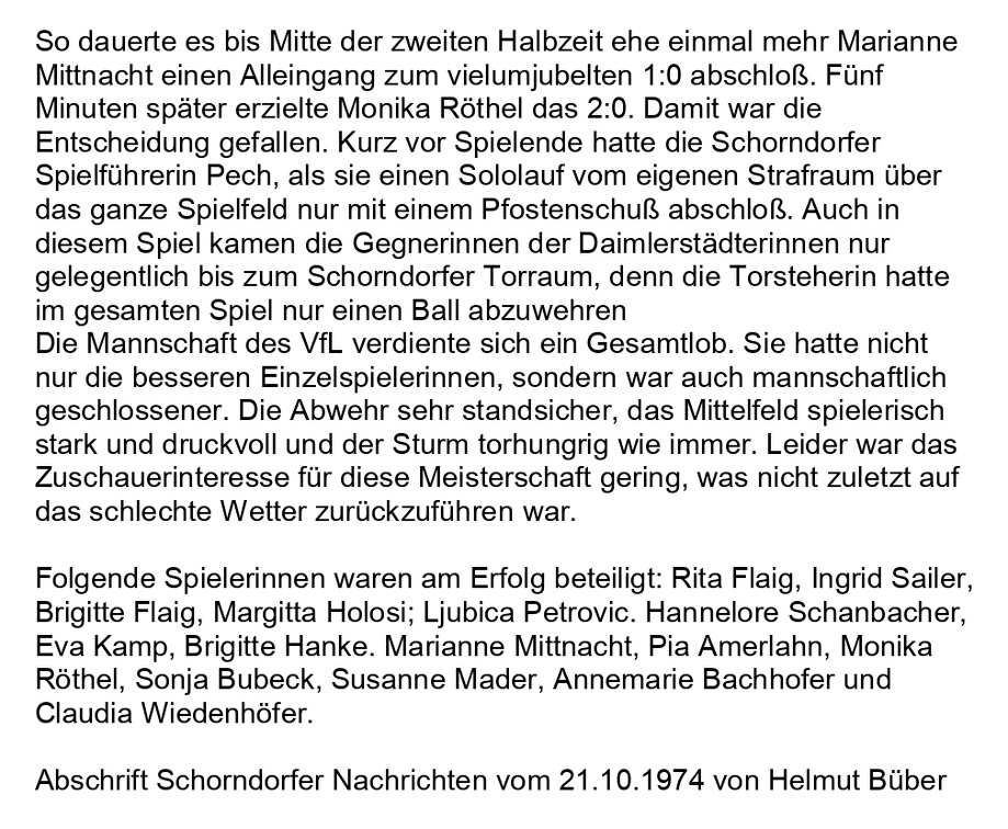 Schorndorfs Fussballdamen stehen Kopf - Erstmals WFV-Meister Zeitungsbericht Schorndorfer Nachrichten 21.10.1974 Seite 2