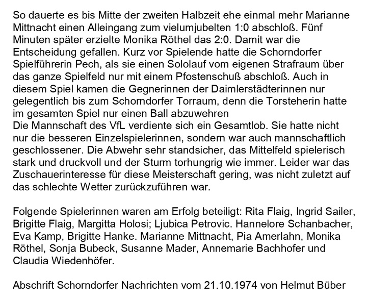 Schorndorfs Fussballdamen stehen Kopf - Erstmals WFV-Meister Zeitungsbericht Schorndorfer Nachrichten 21.10.1974 Seite 2
