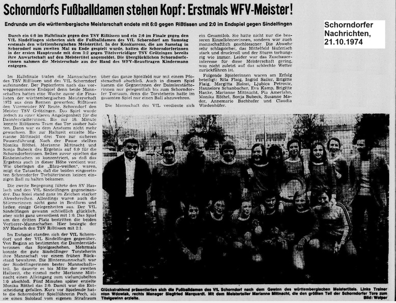 VfL Schorndorf Frauen Fussballmannschaften WFV Meister SN 1974-10-21