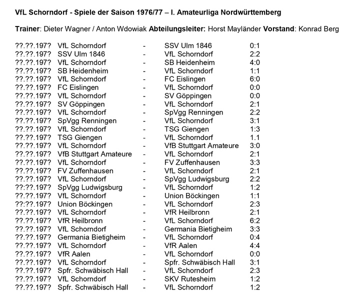 VfL Schorndorf Spiele der Saison 1976 77 I. Amateurliga Nordwürttemberg