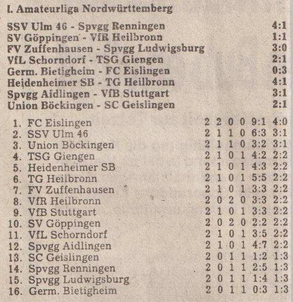 VfL Schorndorf I. Amateurliga Saison 1977 78 Begegnungen Tabelle 20.08.1977