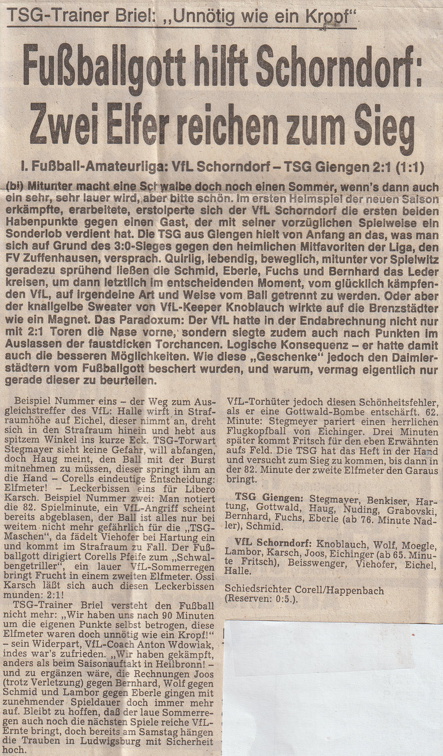 VfL Schorndorf I. Amateurliga Saison 1977 78 VfL Schorndorf TSG Giengen 2. Punktspiel 20.08.1977 Text 1