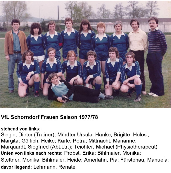 VfL Schorndorf Frauen Saison 1977 78 Mannschaftsfoto mit Namen und Trainer Dieter Siegle