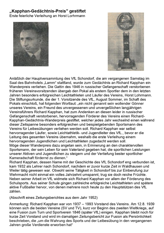 Kapphan Gedaechtnis Preis gestifet Zeitungsartikel von 1952 Abschrift