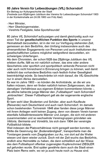 VfL Schorndorf 80jaehriges Jubilaeum 1983 Bericht Fritz Abele Heimatblaetter 1983 Seite 1