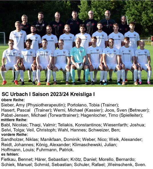 SC Urbach I Saison 2023 2024 Kreisliga I Mannschaftsfoto mit Namen