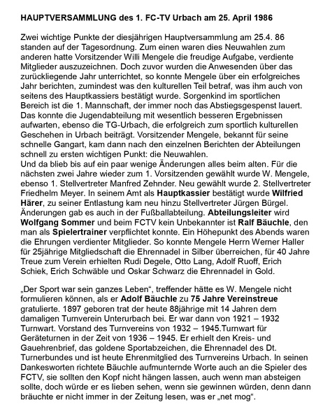 Hauptversammlung des 1. FC-TV Urbach am 25. April 1986 Seite 1