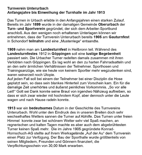 Turnverein Unterurbach Anfangsjahre bis Einweihung der Turnhalle im Jahr 1913 Seite 1