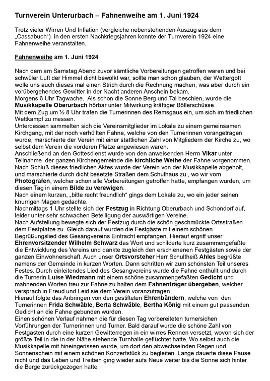 Turnverein Unterurbach Fahnenweihe am 1. Juni 1924 Seite 1