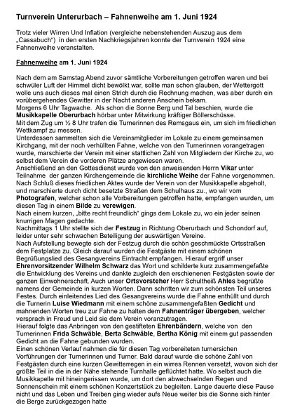 Turnverein Unterurbach Fahnenweihe am 1. Juni 1924 Seite 1