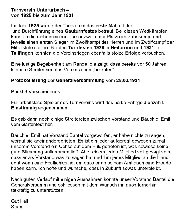 Turnverein Unterurbach von 1925 bis zum Jahr 1931 Seite 1