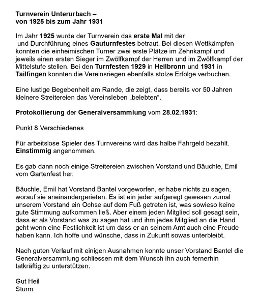 Turnverein Unterurbach von 1925 bis zum Jahr 1931 Seite 1
