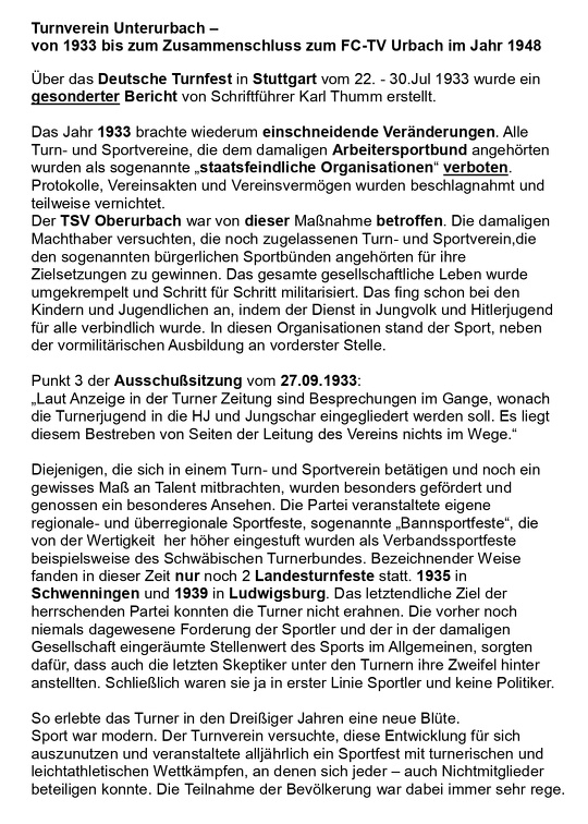 Turnverein Unterurbach von 1933 bis zum Zusammesnchluss zum FC-TV Urbach 1948 Seite 1