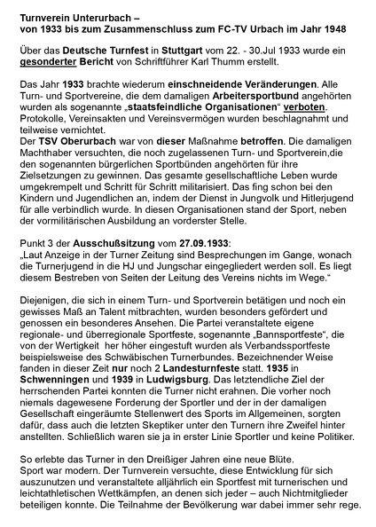 Turnverein Unterurbach von 1933 bis zum Zusammesnchluss zum FC-TV Urbach 1948 Seite 1