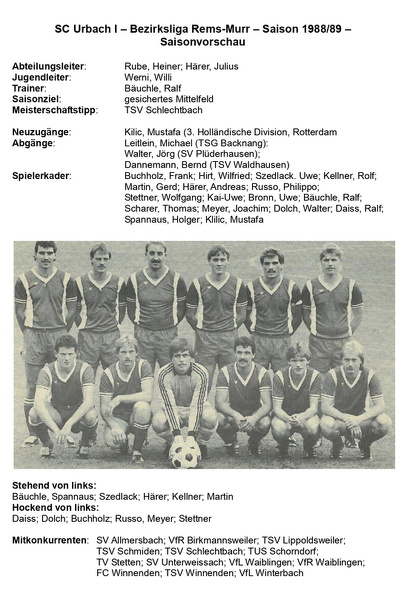 SC Urbach I Saison 1988 1989 Bezirksliga Rems-Murr Saisonvorschau