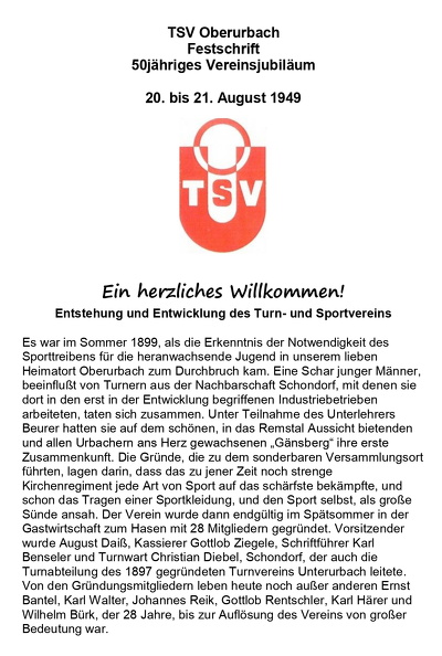 TSV Oberurbach Festschrift 50 Vereinsjubilaeum 1949 Seite 1