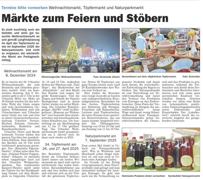 Urbach Sonderveroeffentlichung Wochenblatt 05.12.2024 Seite 1 Maerkte in Urbach.jpg