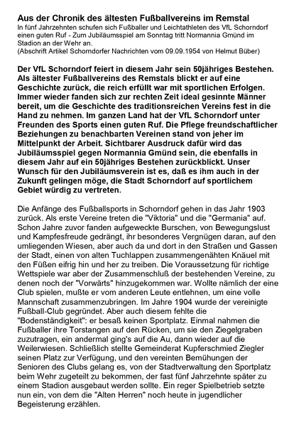 VfL Schorndorf 50jaehriges Jubilaeum Aus der Chronik des aeltesten Fussballvereins im Remstal WKZ 09.09.1954 Seite 1.jpg
