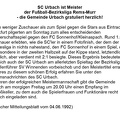 SC Urbach Saison 1991 92 Bezirksliga Rems Murr Gemeinde gratuliert zur Meisterschaft Mitteilungsblatt Urbach 04.06.1992