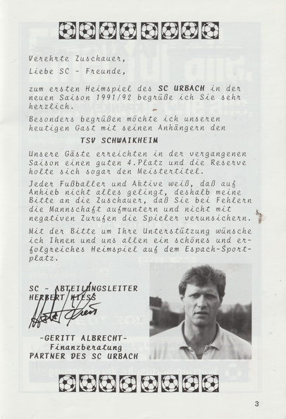 SC Urbach Saison 1991_92 Bezirksliga 1. Punktspiel 25.08.1991 Begruessung durch Abteilungsleiter.jpg