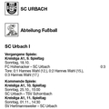 SC Urbach I Kreisliga A1 Saison 2026 27 Spieltag 18.10.2026 Torfolge