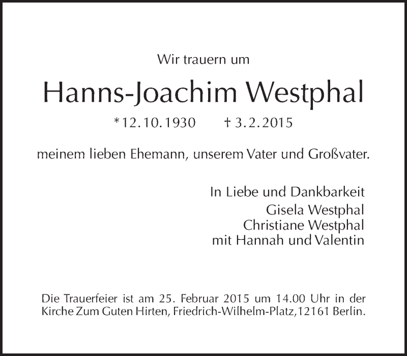 Westpahl Hanns-Joachim 1930 2015 Todesanzeige