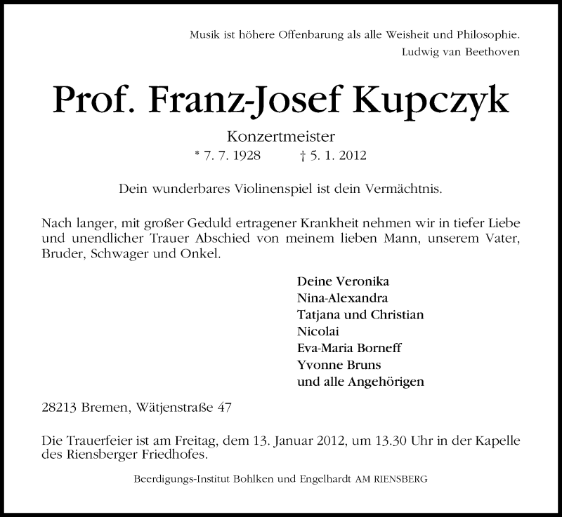 Kupczyk Franz-Josef Todesanzeige