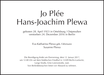Plewa Hans Joachim 1923 2016 Todesanzeige