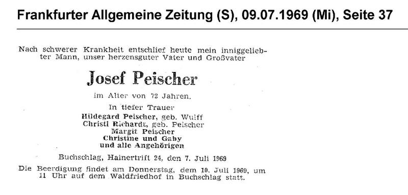Peischel Josef Todesanzeige Tod 07.07.1969