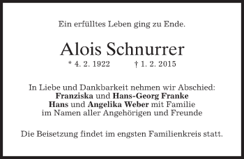 Schnurrer Alois Todesanzeige 1922 2015