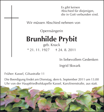 Prybit Brunhilde geb. Knack 1927 2011 Todesanzeige