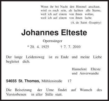Elteste Johannes 1925 2010 Todesanzeige