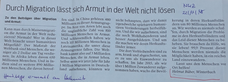 Leserbrief Esslinger Zeitung 22.11.2018 Migraton und Armut