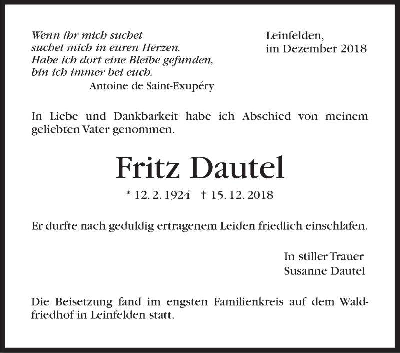 Dautel Fritz Todesanzeige 12.02.1924 15.12.2018