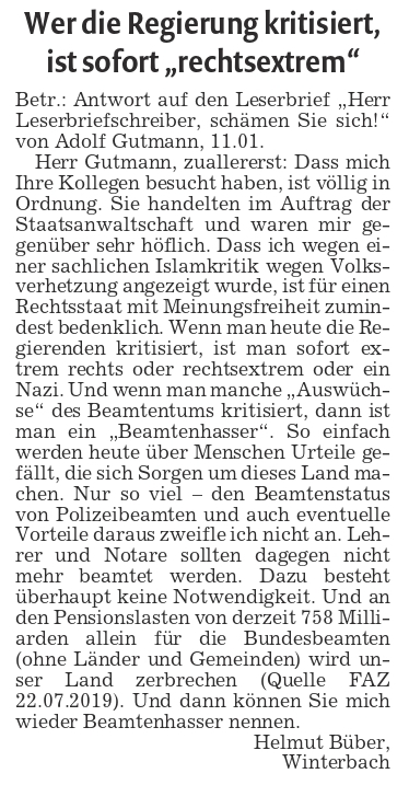 Leserbrief Antwort auf Adolf Gutmann 14.01.2020