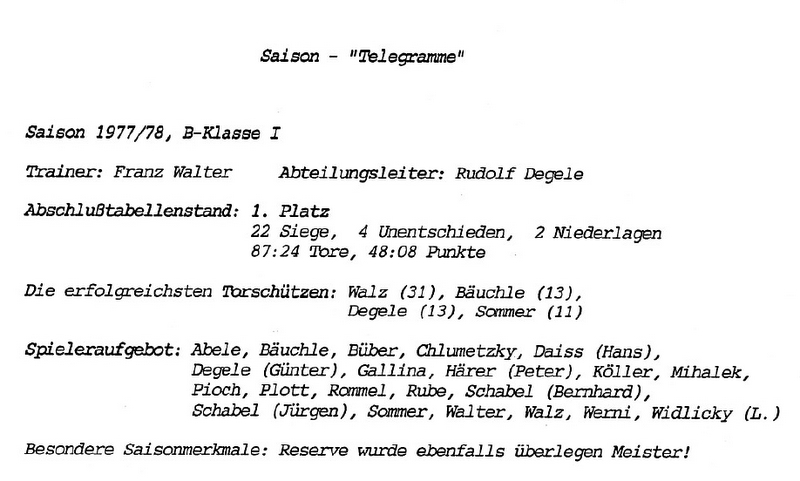 Saison Telegramm 1977 1978 Meistersaison