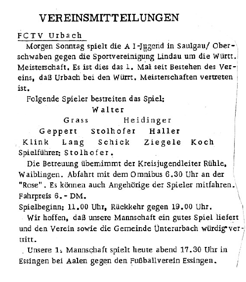 FCTV Urbach A-Jugend 1958 Endspiel Wuerttembergische Meisterschaft Aufstellung