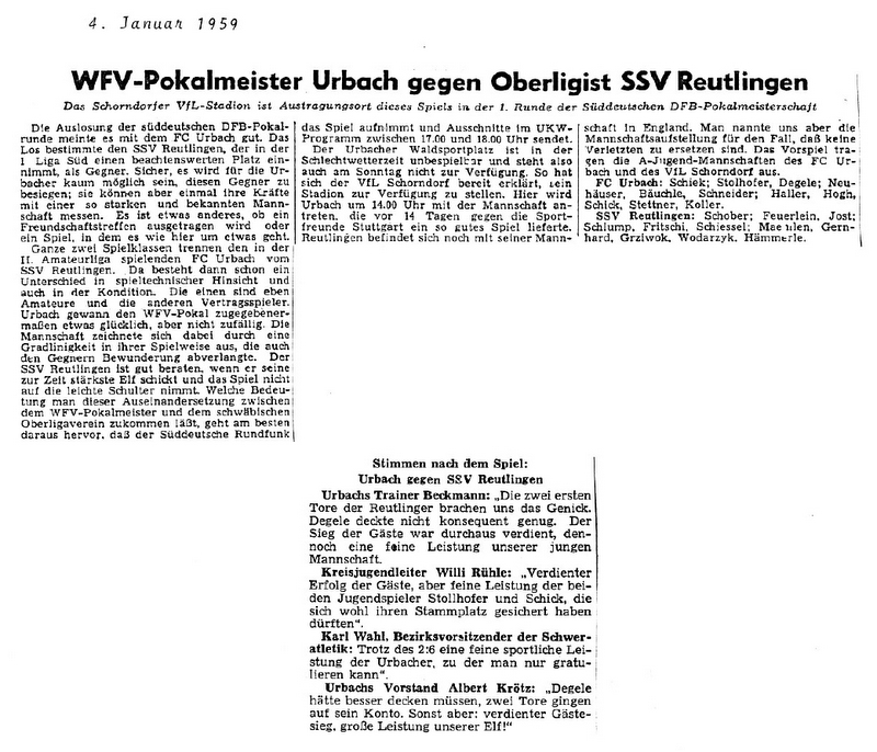 FCTV Urbach SSV Reutlingen 1. Liga Sued Pokalspiel 04.01.1959