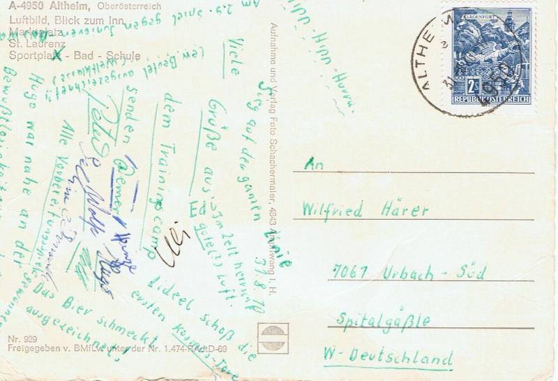 Postkarte an Wilfried aus Altheim A-Jugend 1970